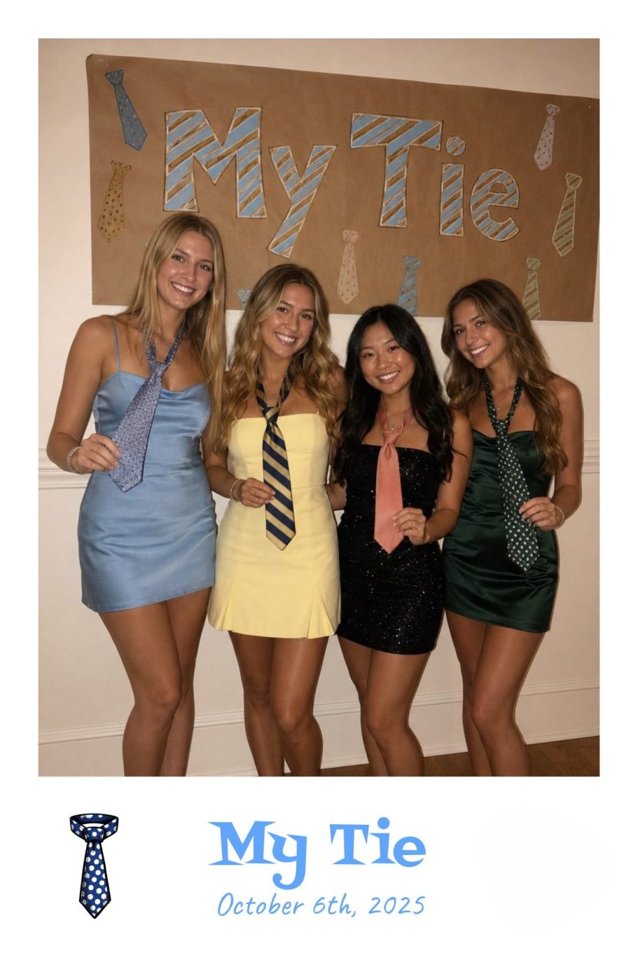 Four sorority girls at a my tie date night event with a custom moments event photo border applied