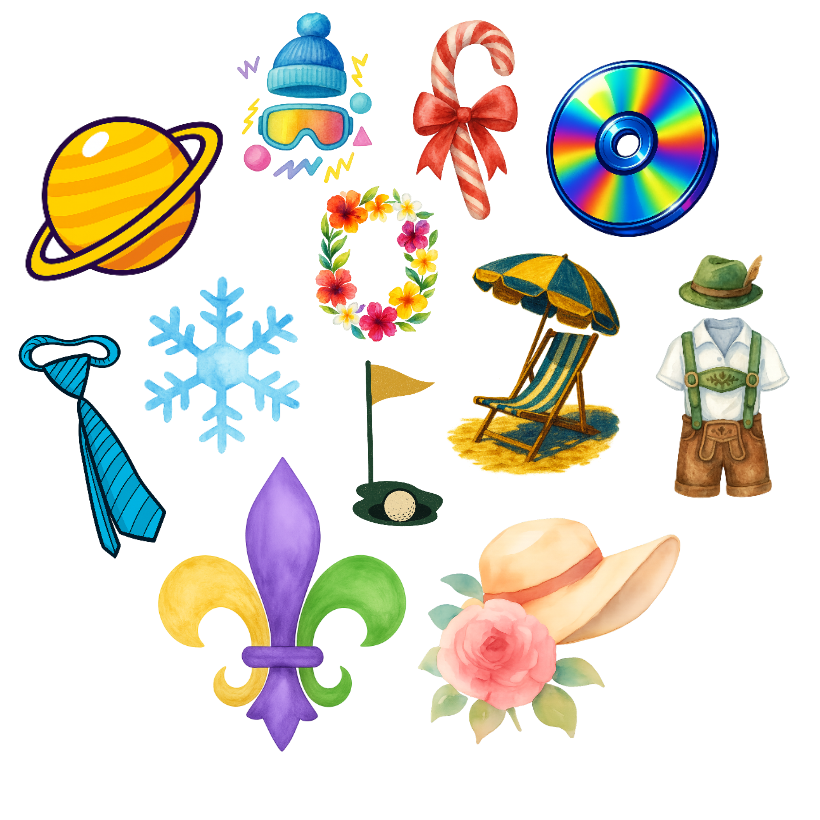 icons A collection of icons representing different party themes, including Marti gras, luau and Kentucky derby